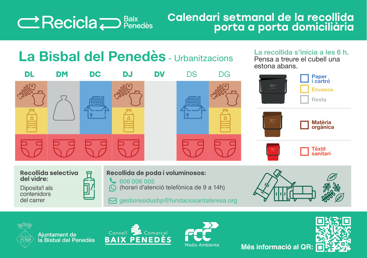 Calendari setmanal de recollida porta a porta domiciliària a la Bisbal del Penedès (Urbanitzacions)