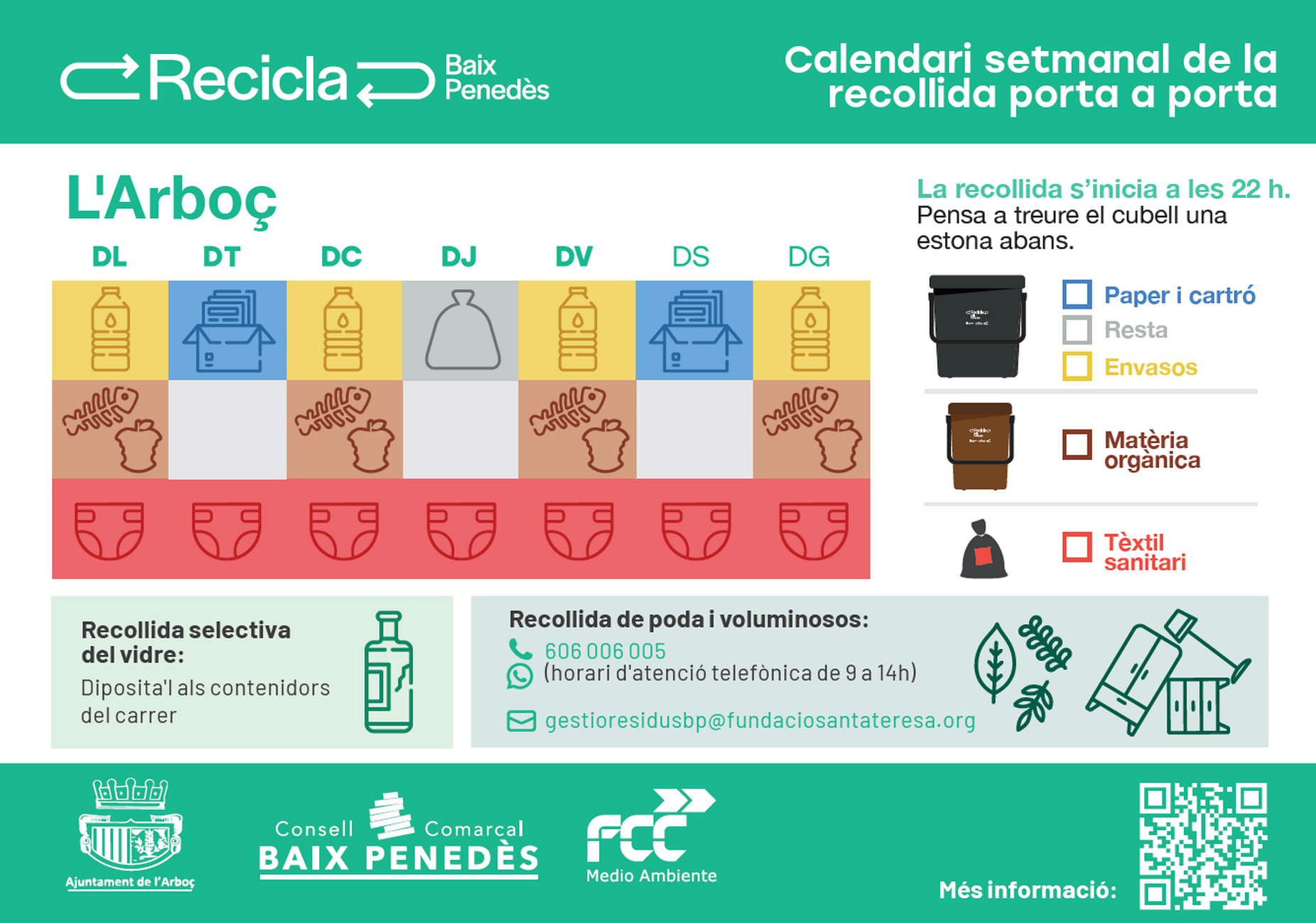 Calendari setmanal de recollida porta a porta domiciliària a l'Arboç