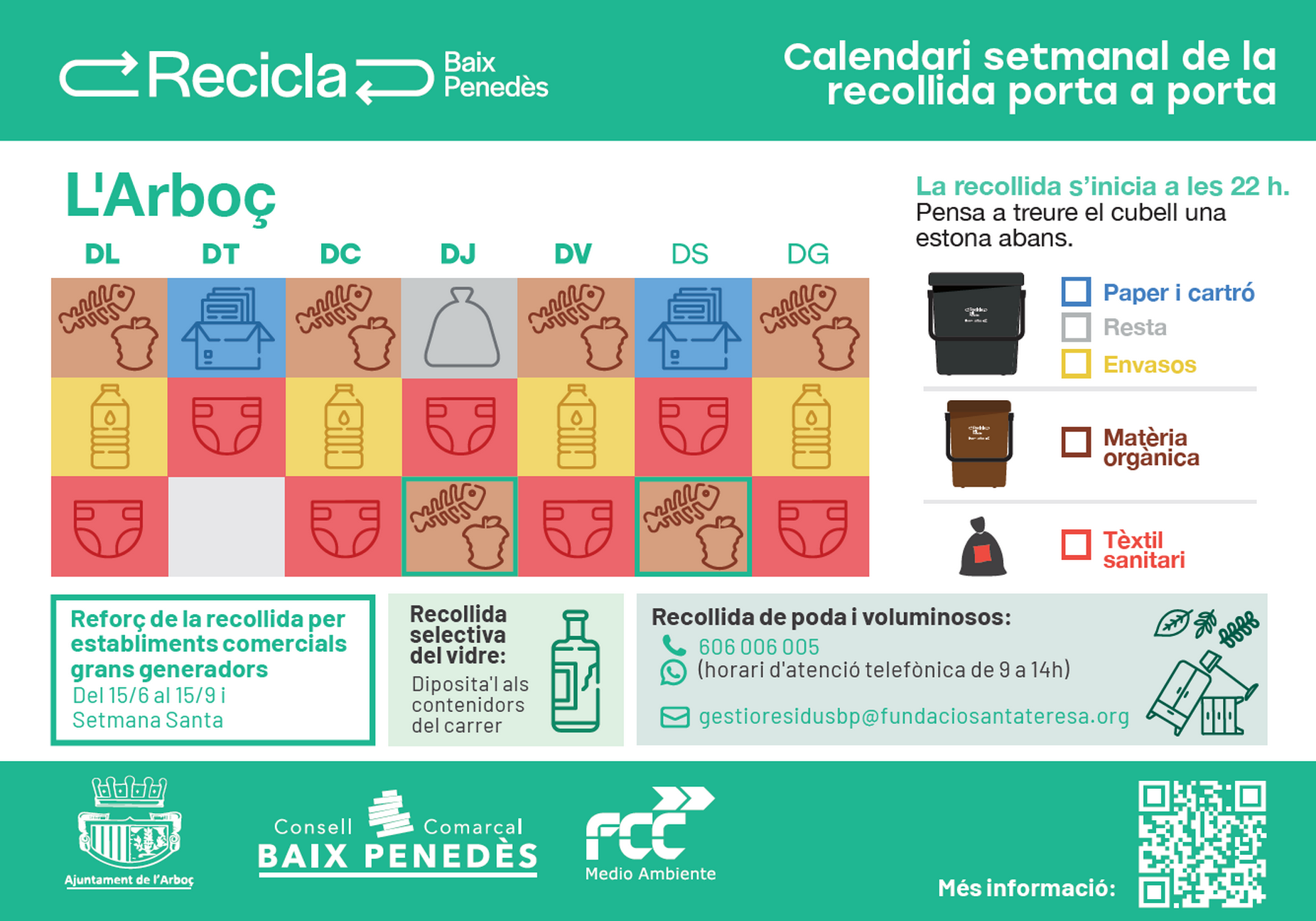 Calendari setmanal de recollida porta a porta comercial a l'Arboç