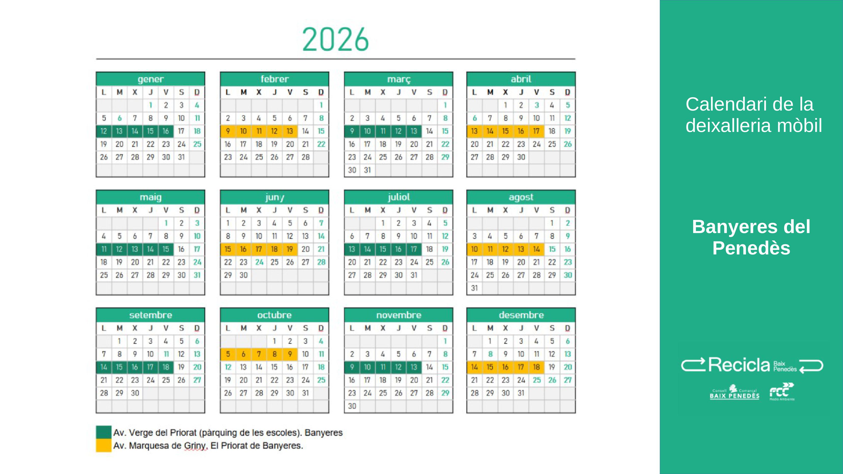 Calendari de deixalleries fixes a Banyeres del Penedès