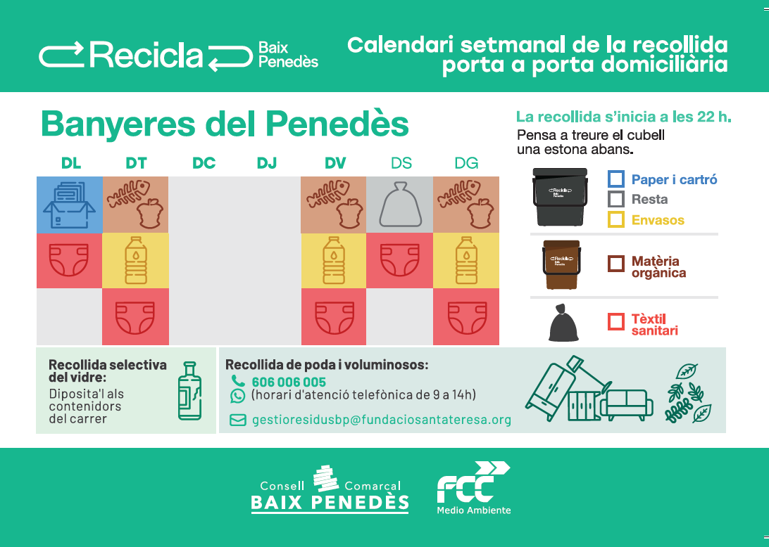 Calendari setamanal de la recollida porta a porta domiciliària | Banyeres del Penedès